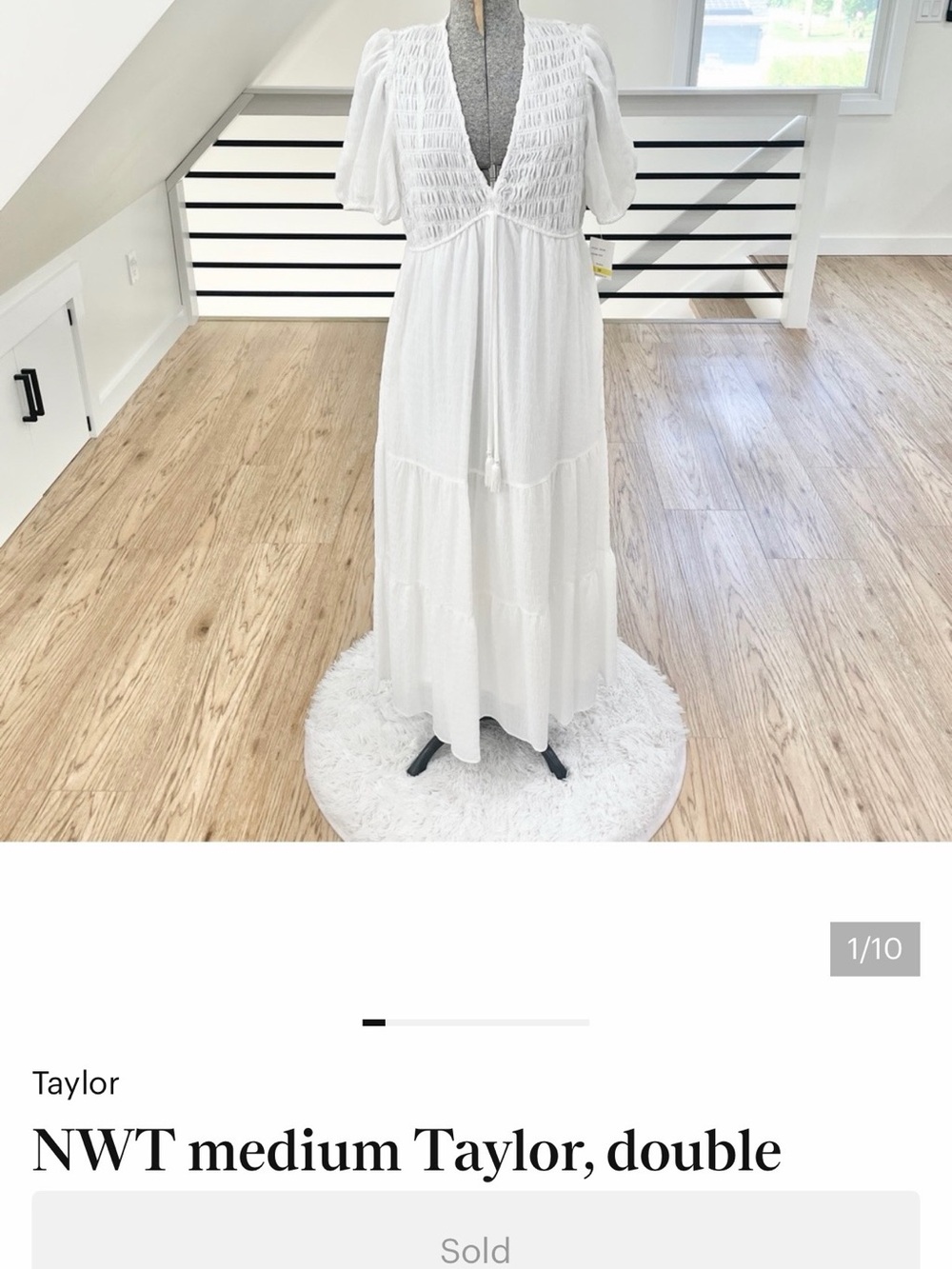 NWT medium Taylor, double layered, bohemian white V-neck puff sleeve maxi dress